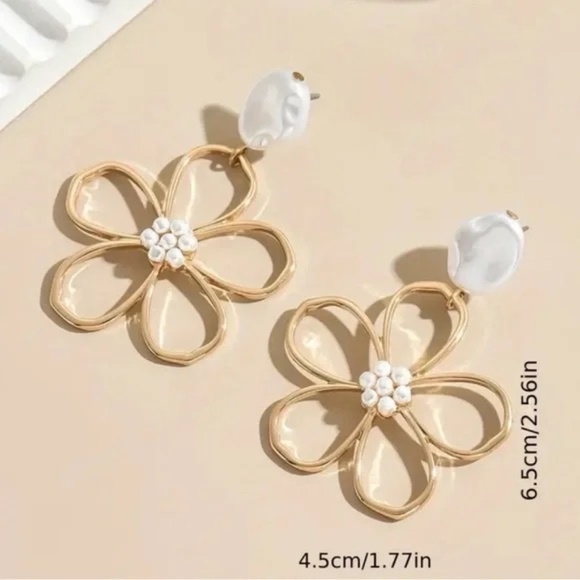 Gold-Tone Floral Drop Earrings with Faux Pearl Accents - Picture 5 of 5